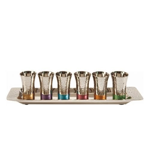 Yair Emanuel Six Hammered Nickel Kiddush Cups and Tray - Multicolor