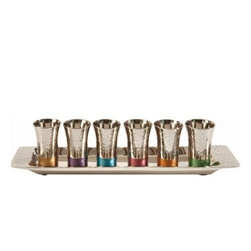 Yair Emanuel Six Hammered Nickel Kiddush Cups and Tray - Multicolor