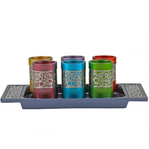 Yair Emanuel Six Pomegranate Decorated Kiddush Cups on Tray  Multicolor & Silver