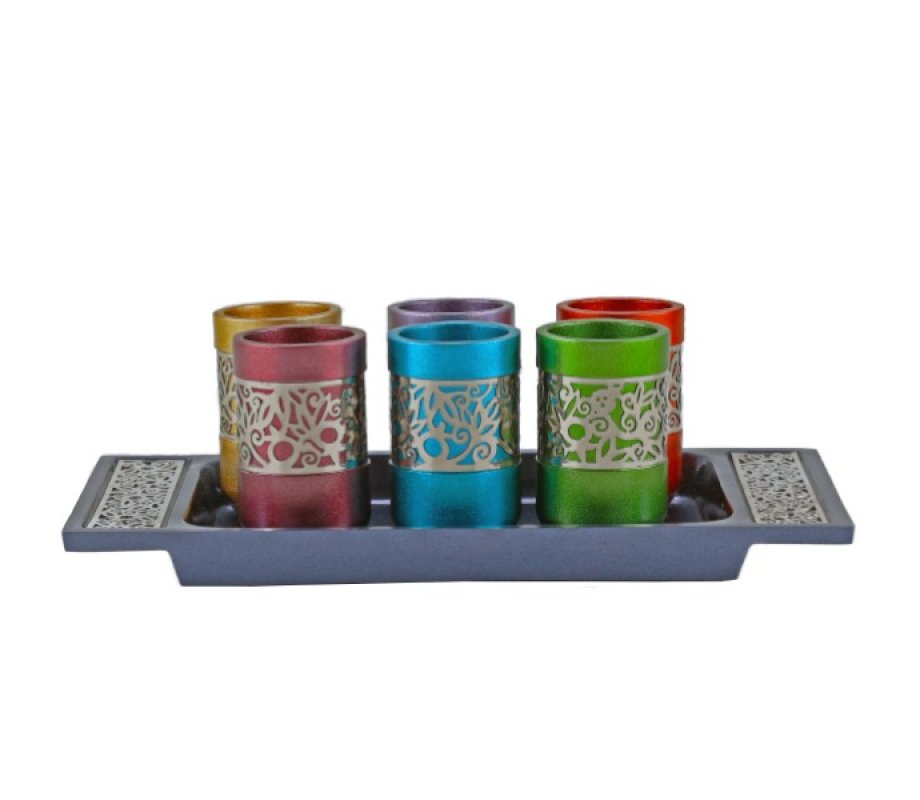 Yair Emanuel Six Pomegranate Decorated Kiddush Cups on Tray – Multicolor & Silver