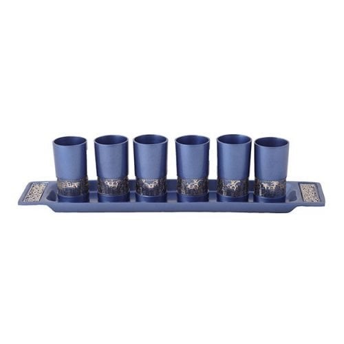 Yair Emanuel Six Small Kiddush Cups with Tray, Jerusalem Cutout - Blue