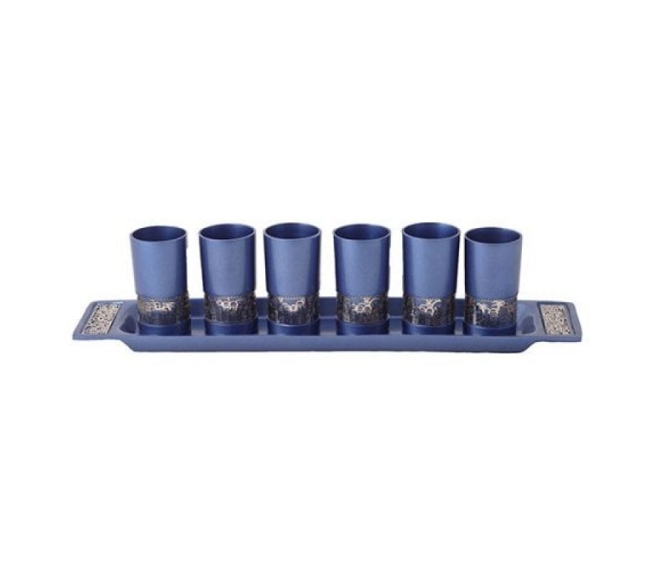 Yair Emanuel Six Small Kiddush Cups with Tray, Jerusalem Cutout - Blue