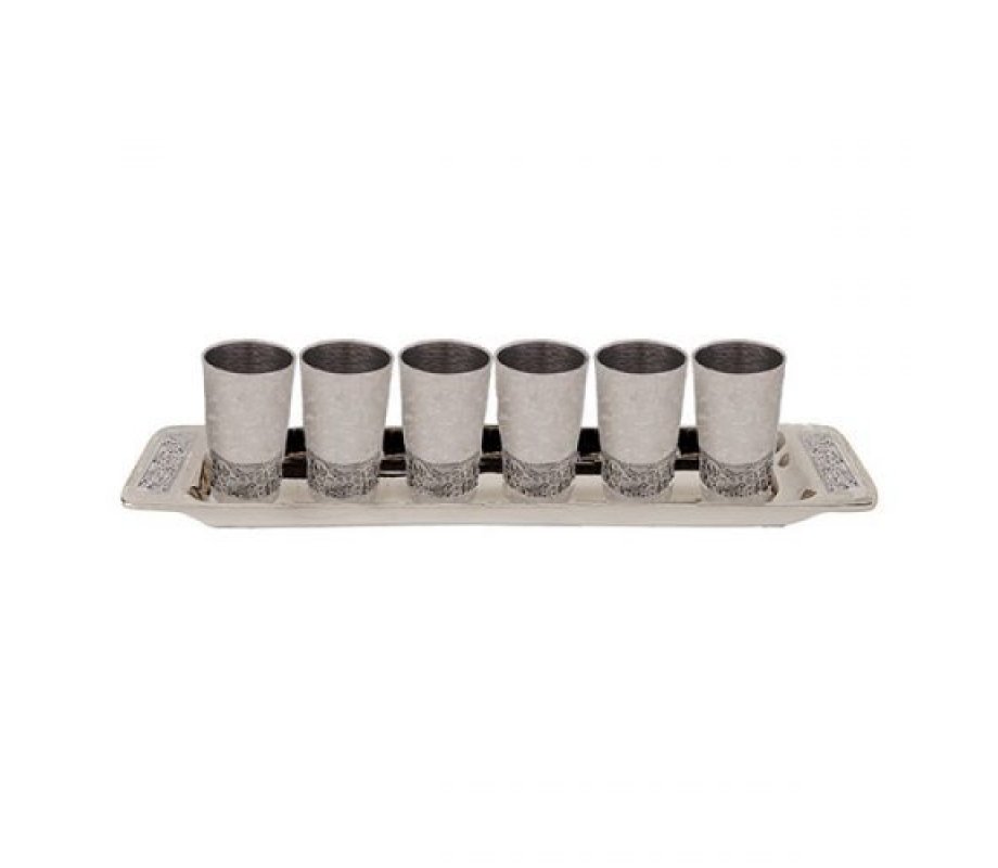 Yair Emanuel Six Small Kiddush Cups with Tray, Jerusalem Cutout - Silver