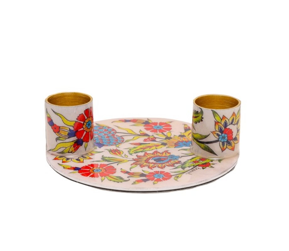 Yair Emanuel Small Candle Holders on Attached Tray - Oriental Flowers