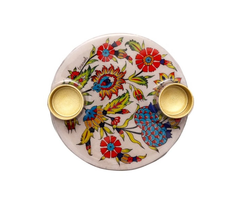 Yair Emanuel Small Candle Holders on Attached Tray - Oriental Flowers