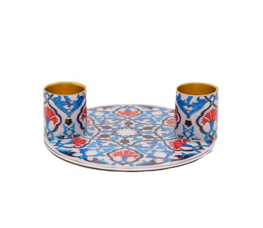 Yair Emanuel Small Candle Holders on Attached Tray - Oriental Design