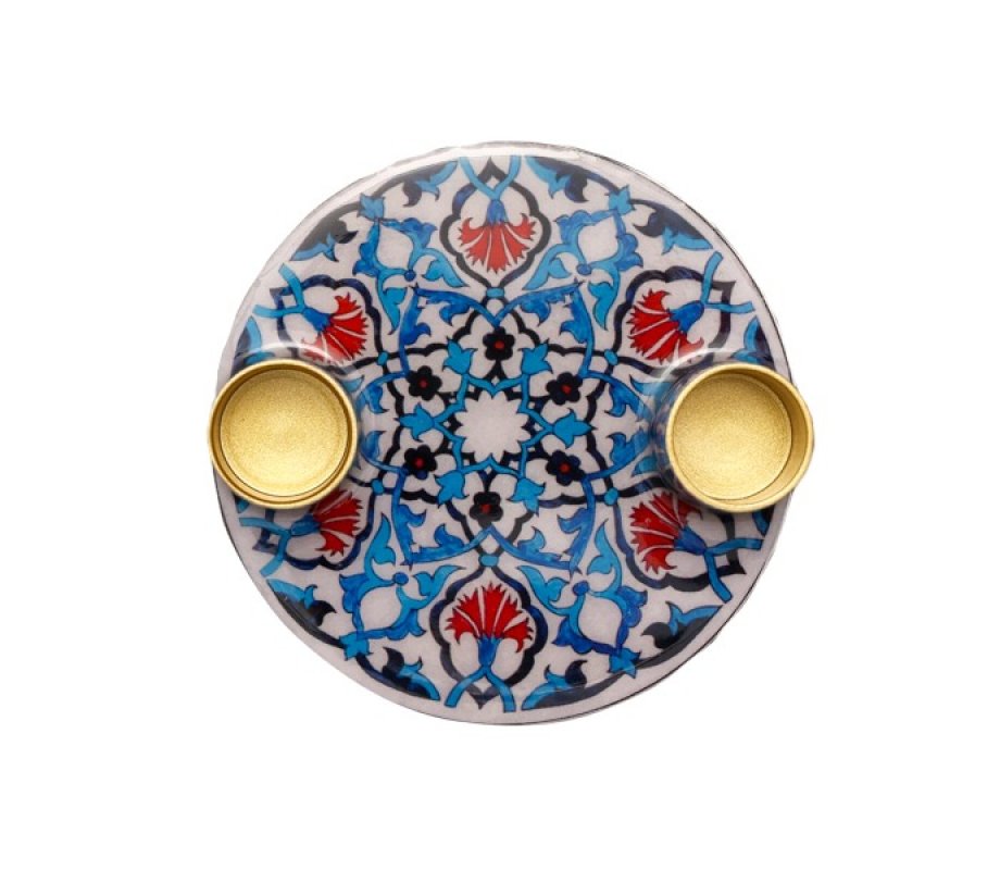 Yair Emanuel Small Candle Holders on Attached Tray - Oriental Design