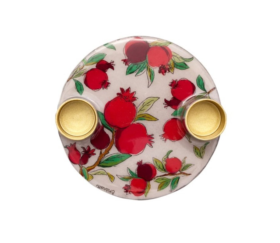 Yair Emanuel Small Candle Holders on Attached Tray - Pomegranate Design