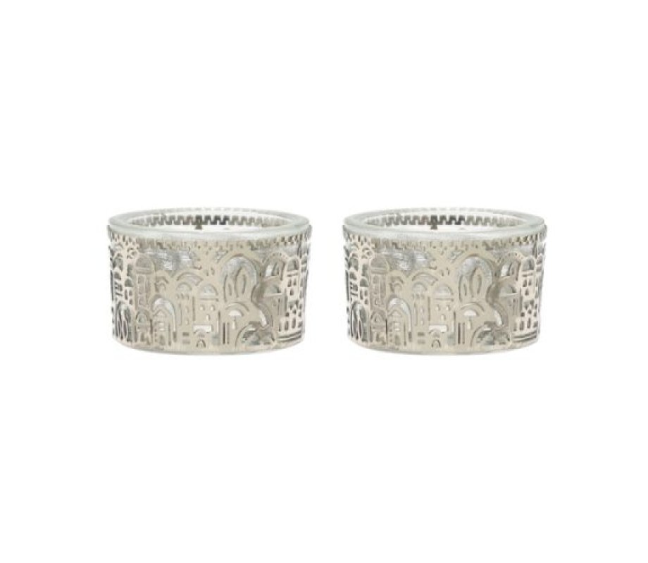 Yair Emanuel Small Candlesticks, Stainless Steel and Glass – Jerusalem Design