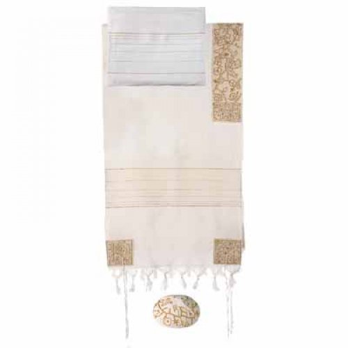 Yair Emanuel Small Gold Embroidered Cotton Tallit Set - Four Matriarchs - 3 in stock