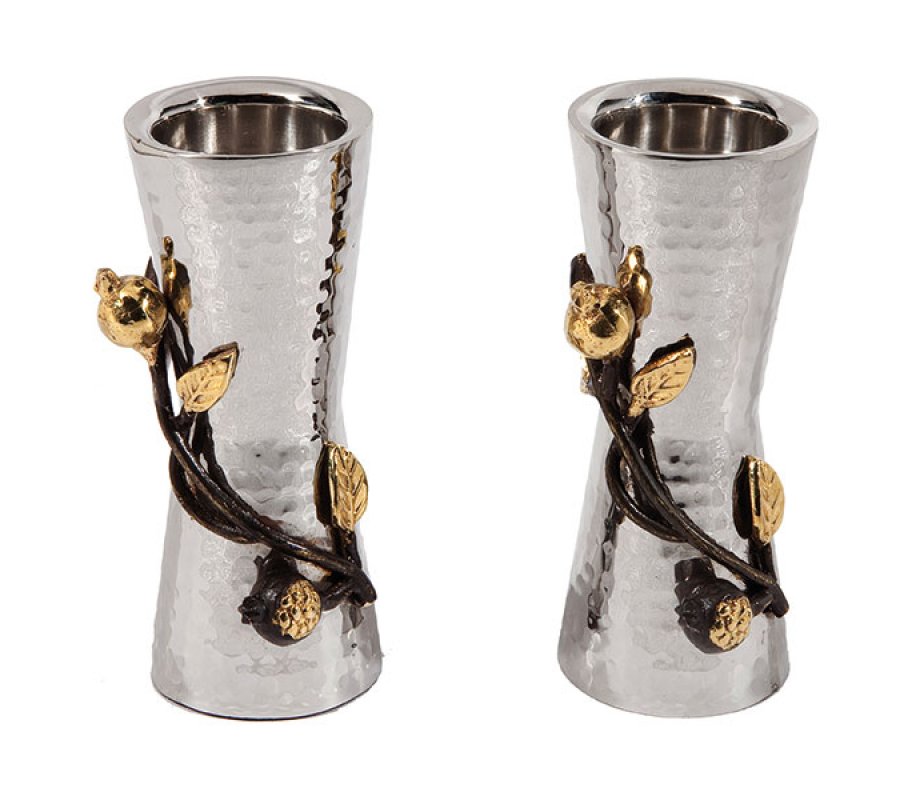 Yair Emanuel Small Hammered Two Tone Metal Pomegranate Design Candlesticks