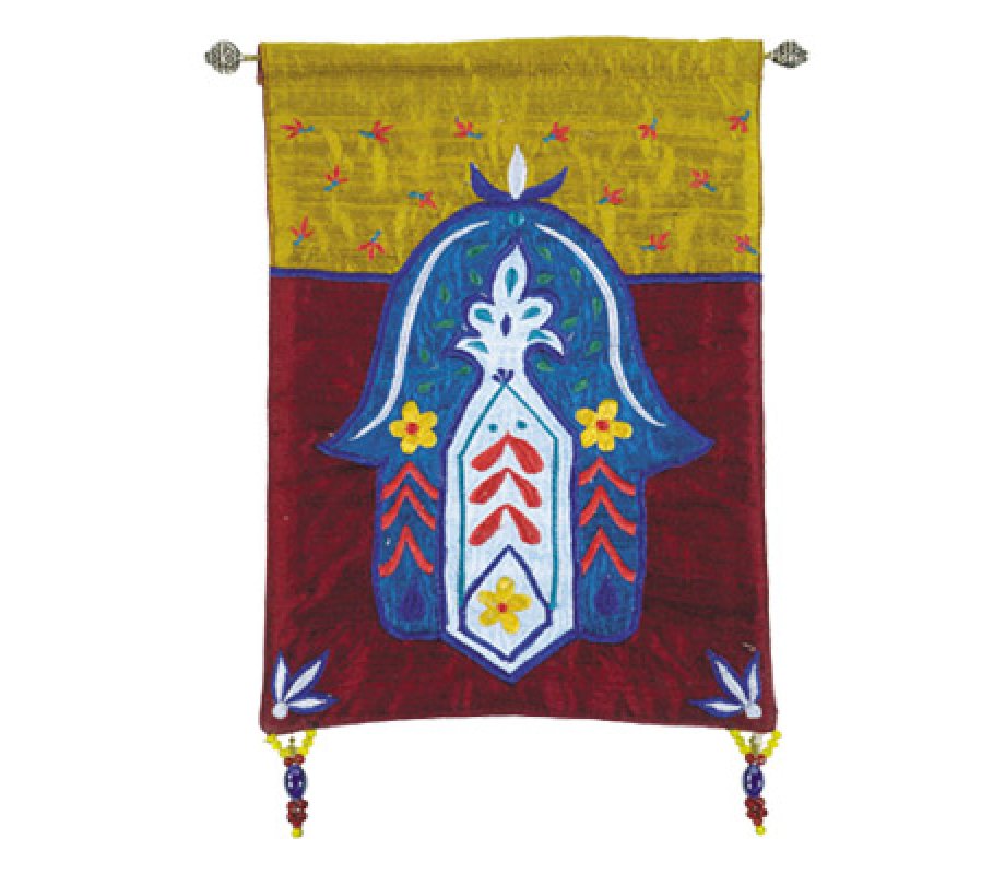 Yair Emanuel Small Hamsa Appliqued Silk Wall Hanging, Colorful - Flowers