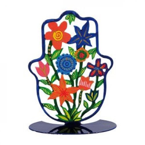 Yair Emanuel Small Hand Painted Hamsa on Stand  Colorful Flowers