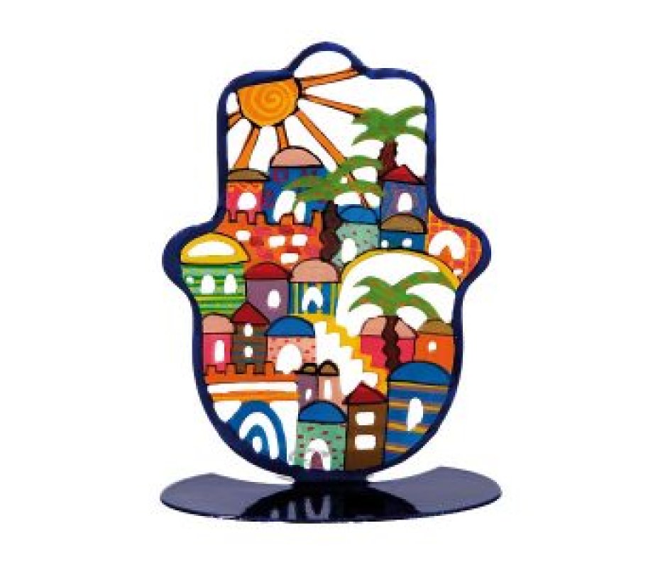 Yair Emanuel Small Hand Painted Hamsa on Stand - Colorful Jerusalem Images