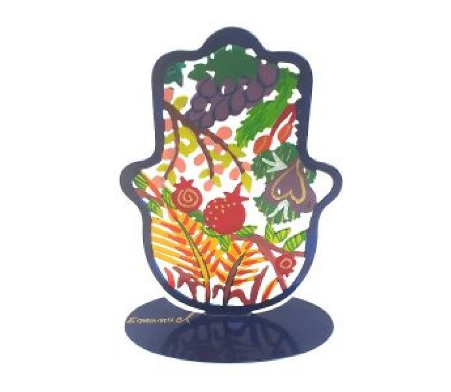 Yair Emanuel Small Hand Painted Hamsa on Stand – Seven Species of the Holy Land