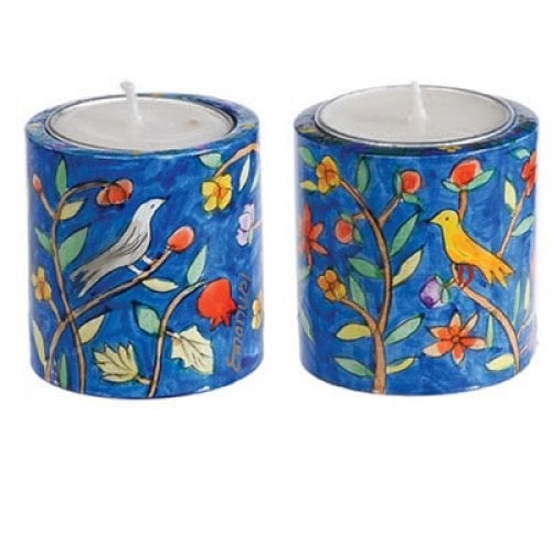 Yair Emanuel Small Hand Painted Wood Candlesticks - Birds and Pomegranates