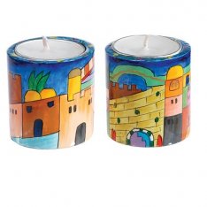 Yair Emanuel Small Hand Painted Wood Candlesticks - Jerusalem