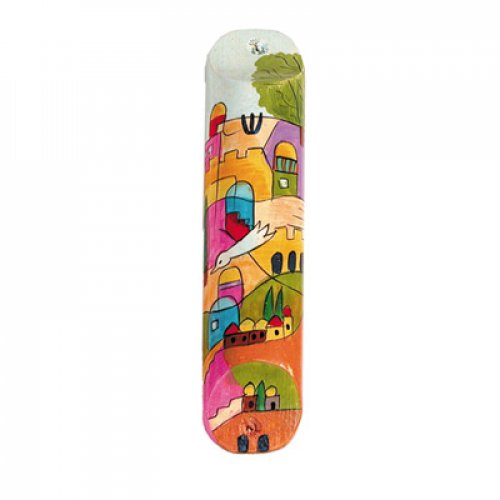 Yair Emanuel Small Hand Painted Wood Mezuzah Case - Dove over Jerusalem