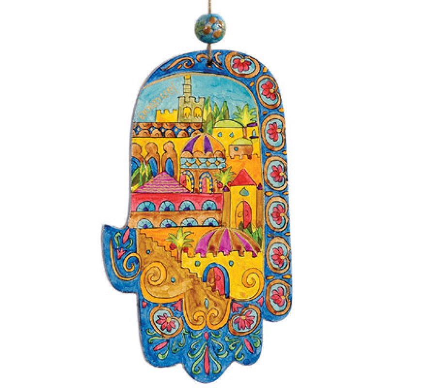Yair Emanuel Small Hand Painted Wood Wall Hamsa - Golden Jerusalem
