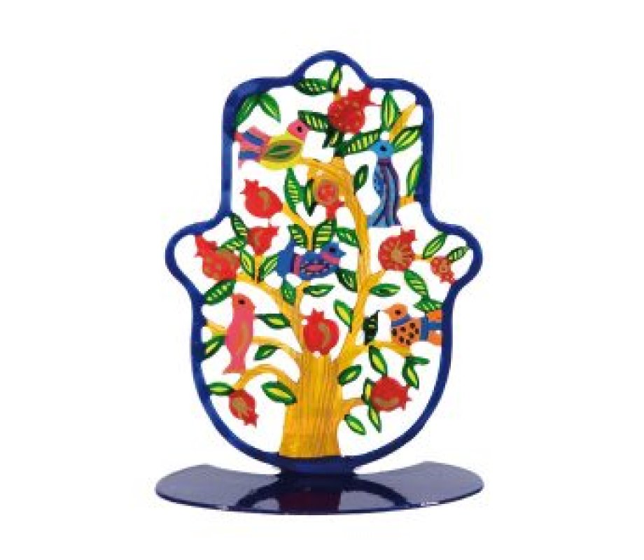 Yair Emanuel Small Hand-Painted Hamsa on Stand - Tree, Pomegranates and Birds