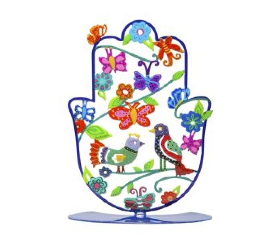 Yair Emanuel Small Hand-painted Hamsa on Stand - Birds and Butterflies