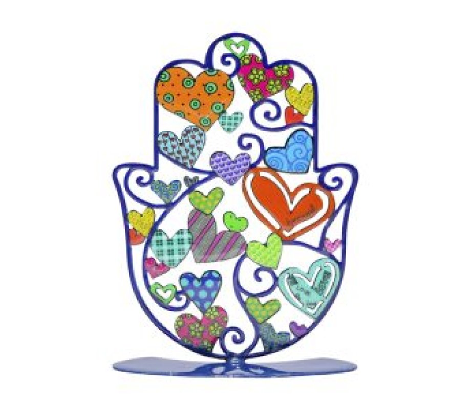 Yair Emanuel Small Hand-painted Hamsa on Stand - Colorful Hearts