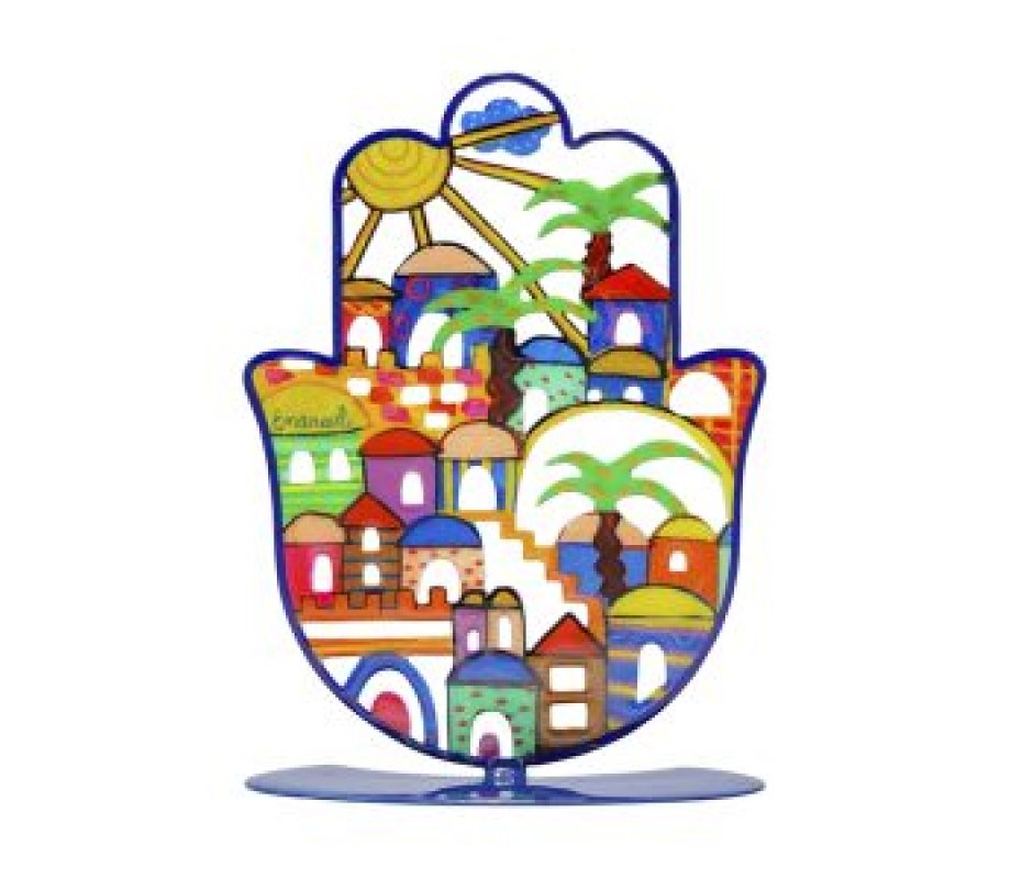Yair Emanuel Small Hand-painted Hamsa on Stand - Colorful Jerusalem Images