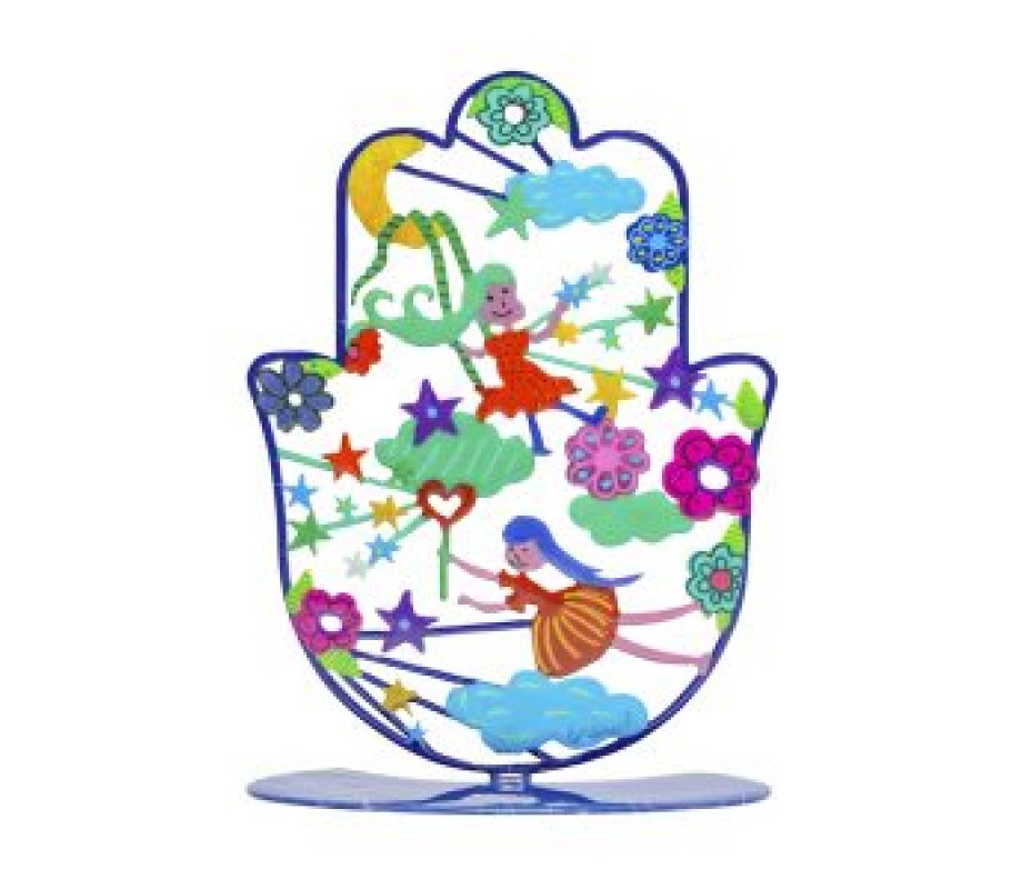 Yair Emanuel Small Hand-painted Hamsa on Stand - Fairies with Stars