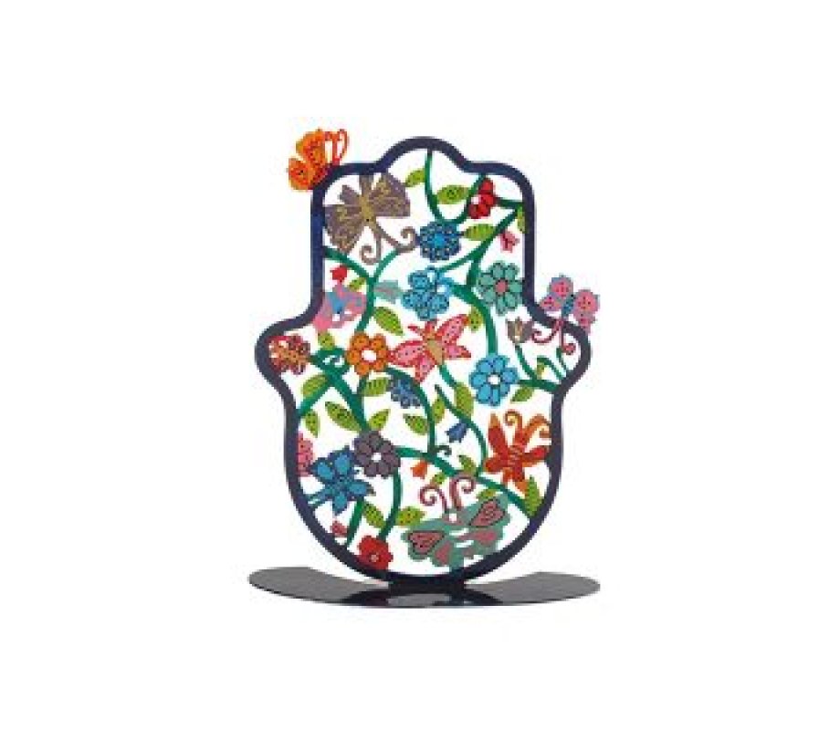 Yair Emanuel Small Hand-painted Hamsa on Stand - Flowers and Butterflies