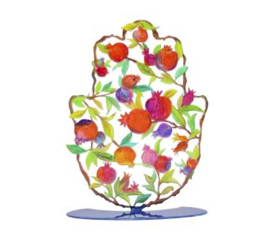 Yair Emanuel Small Hand-painted Hamsa on Stand - Pencil Drawing Pomegranates