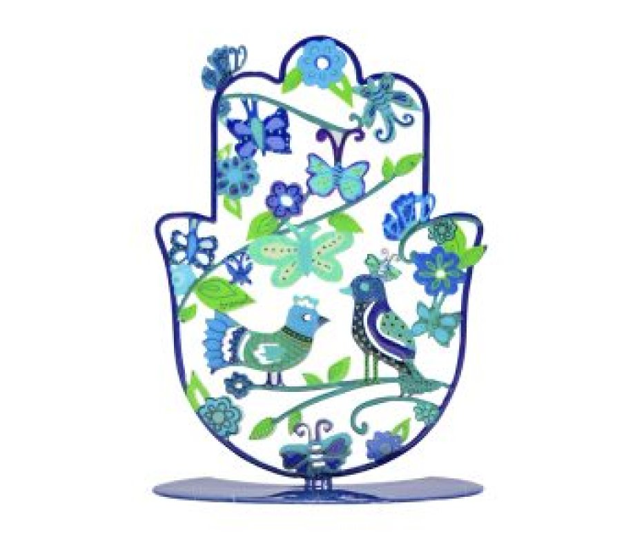 Yair Emanuel Small Hand-painted Hamsa on Stand, Birds Flowers Butterflies - Blue
