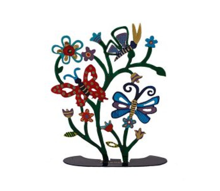 Yair Emanuel Small Hand-painted Tree Sculpture with Butterflies on Stand