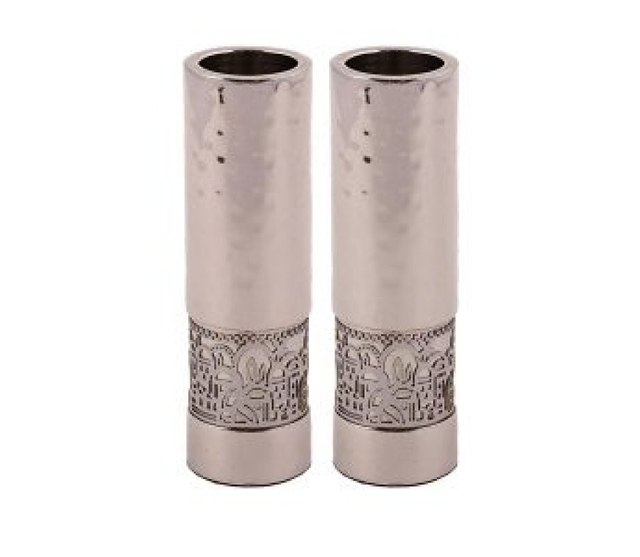 Yair Emanuel Small Shabbat Candlesticks, Silver Jerusalem Band - Hammered
