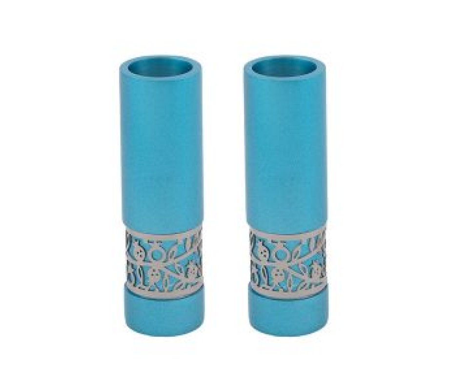 Yair Emanuel Small Shabbat Candlesticks, Silver Pomegranate Band - Turquoise
