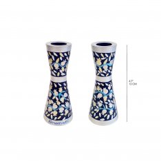 Yair Emanuel Small Stainless Steel Candlesticks - Silver Pomegranates on Blue