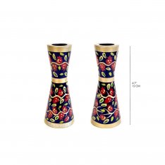 Yair Emanuel Small Stainless Steel Red Pomegranate on Blue Candlesticks