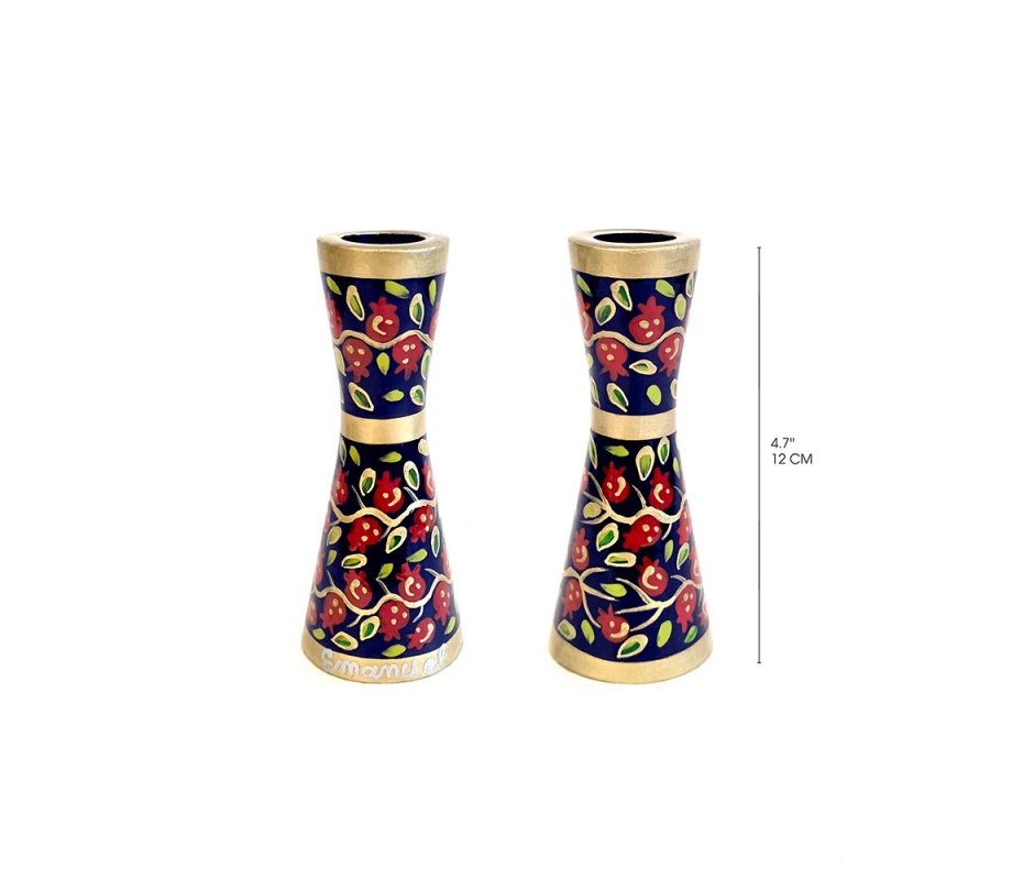 Yair Emanuel Small Stainless Steel Red Pomegranate on Blue Candlesticks