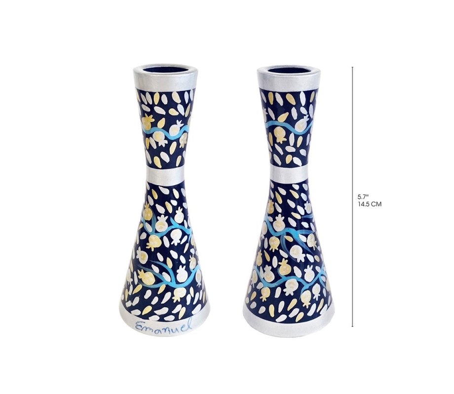 Yair Emanuel Stainless Steel Candlesticks - Silver Pomegranates on Blue