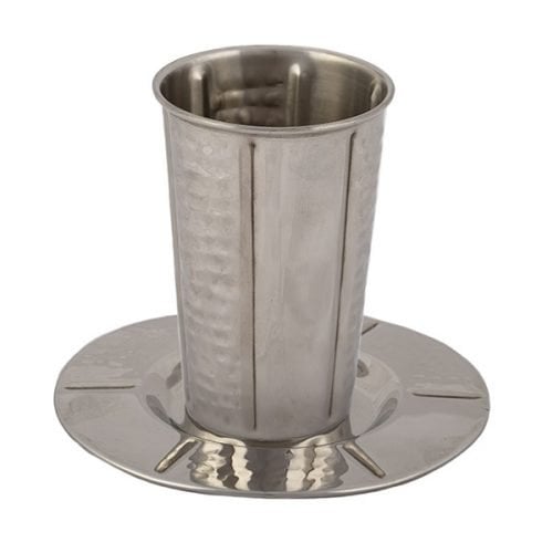 Yair Emanuel Stainless Steel Kiddush Cup and Saucer - Vertical Hammered Stripe