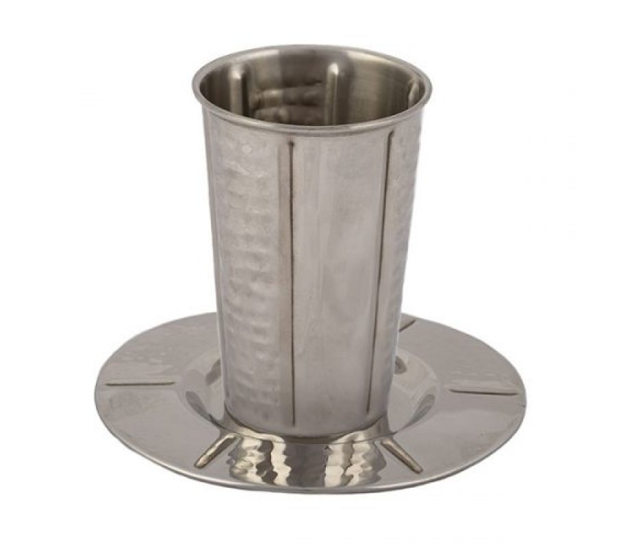 Yair Emanuel Stainless Steel Kiddush Cup and Saucer - Vertical Hammered Stripe