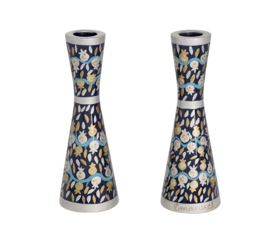 Yair Emanuel Stainless Steel Medium Candlesticks - Silver Pomegranates on Blue