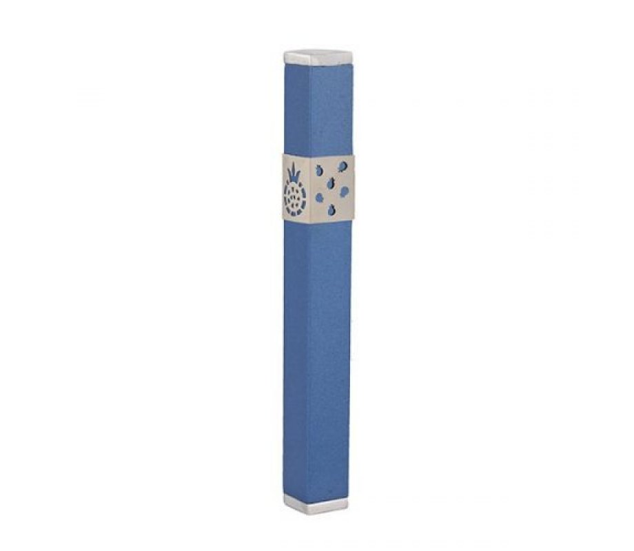 Yair Emanuel Stainless Steel Mezuzah Case, Cutout Pomegranates - Blue