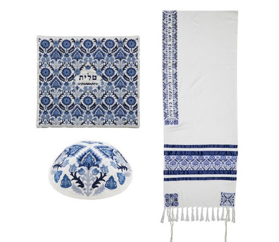 Yair Emanuel Tallit Kippah and Bag Set, Floral Geometric Design – Blue