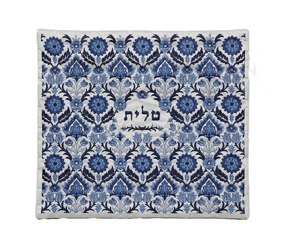 Yair Emanuel Tallit Kippah and Bag Set, Floral Geometric Design – Blue