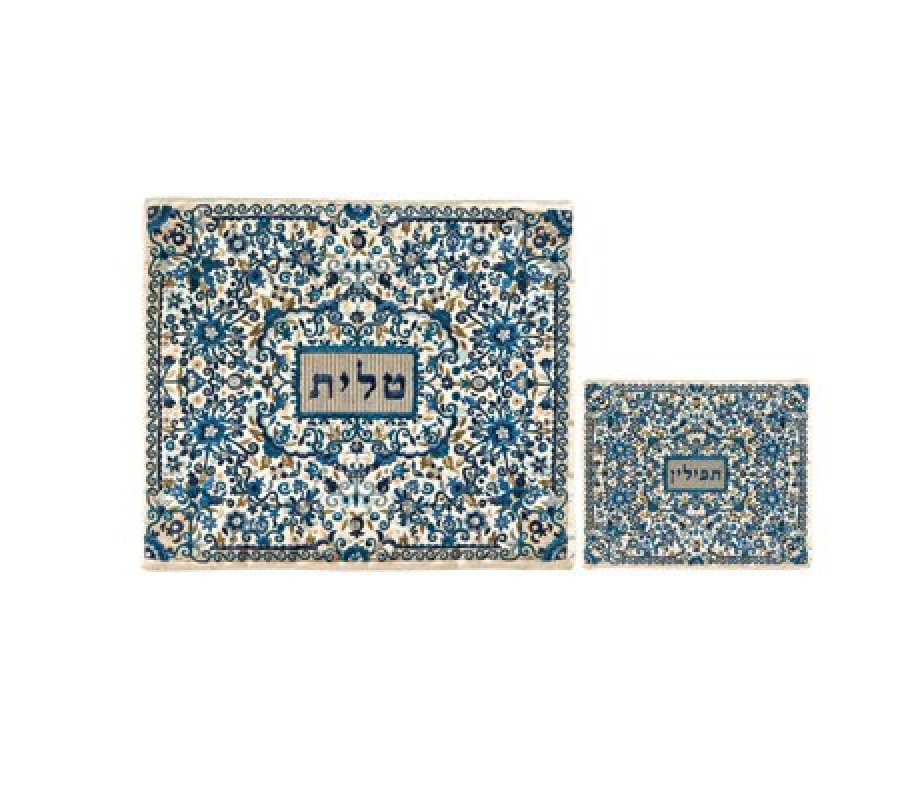 Yair Emanuel Tallit and Tefillin Bag Full Embroidery, Flowers - Blue (Sold Separately)