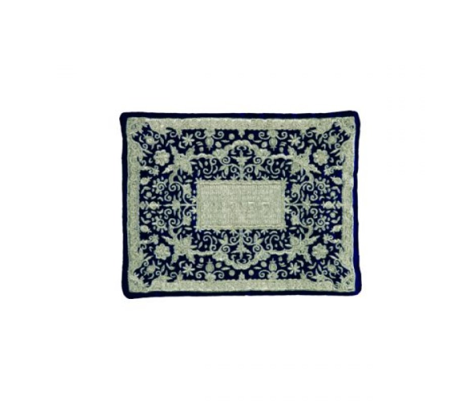 Yair Emanuel Tallit and Tefillin Bag Full Embroidery, Flowers - Silver on Blue