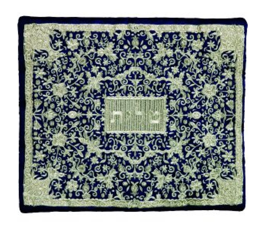Yair Emanuel Tallit and Tefillin Bag Full Embroidery, Flowers - Silver on Blue (Sold Separately)