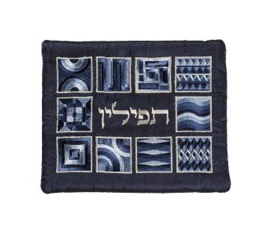 Yair Emanuel Tallit and Tefillin Bag Set, Embroidered Squares and Shapes - Blue