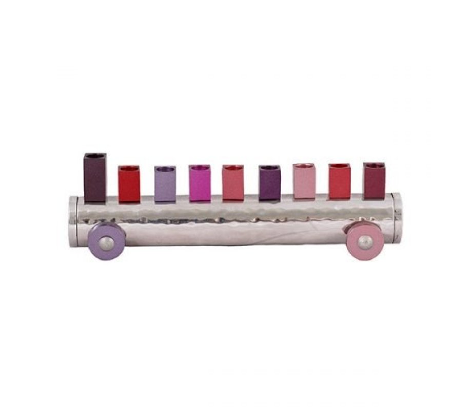 Yair Emanuel Train Chanukah Menorah, Hammered Aluminum - Red and Pink Shades