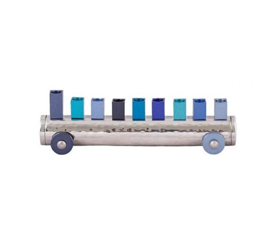 Yair Emanuel Train Hanukkah Menorah, Hammered Aluminum - Blue Shades